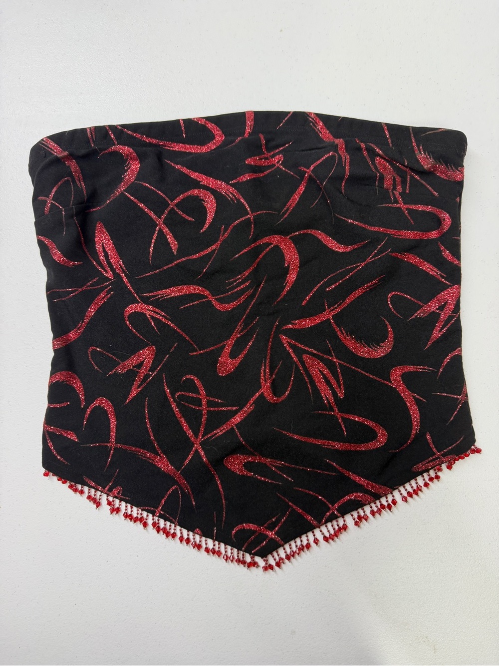 Vintage Y2K Genie Strapless Top L Black Red Glitter Beaded Fringe Hankerchief